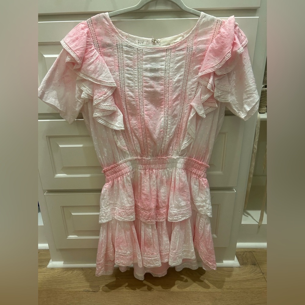 LoveShackFancy Natasha Short Sleeve Eyelet Mini Dress in Island Pink Hand Dye
